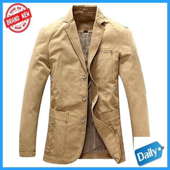Classic Casual Sport Coat Cotton Twill Three-Button Lined Blazer Elbow Patches